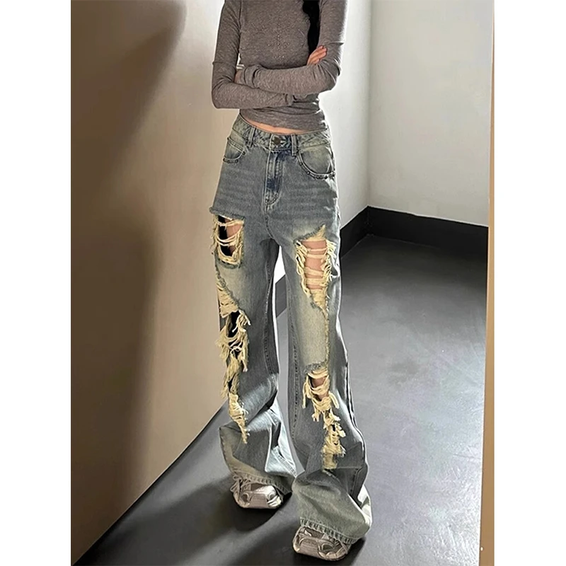 【免费试穿】美式街头破洞牛仔裤女夏季新款高腰宽松阔腿显瘦拖地裤