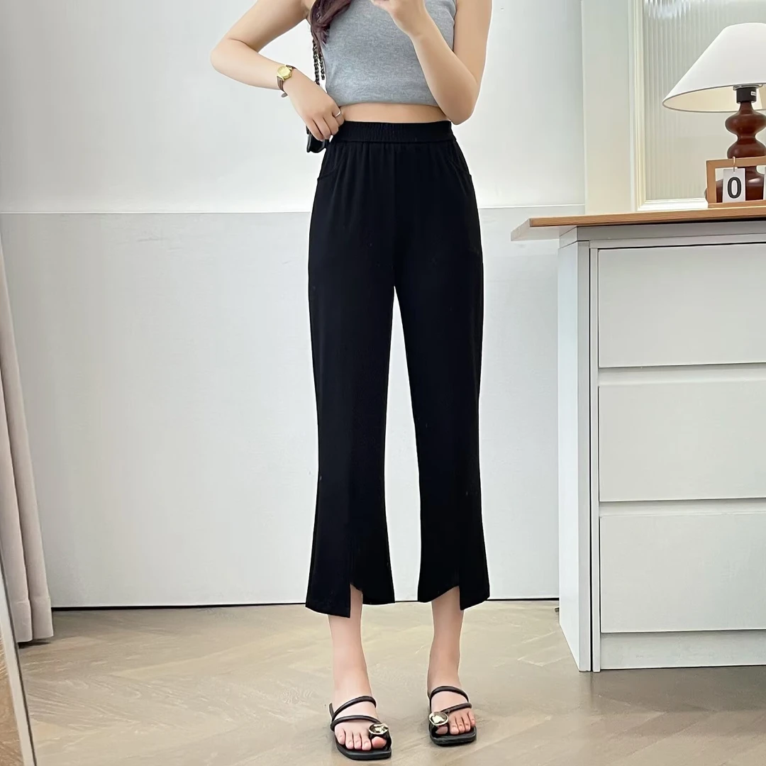 2025年夏季新款时尚百搭大码松紧高腰显瘦休闲微喇裤100—210斤
