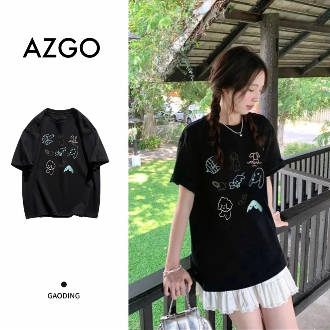 AZGO百搭宽松印花ins美式纯棉休闲小众学生圆领T恤（小狗）