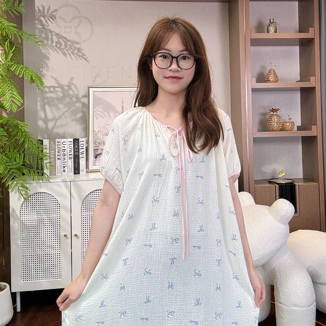 【宝藏全棉baby蝴蝶结】100%双层母婴级棉睡裙蝴蝶结蕾丝宽松居家服