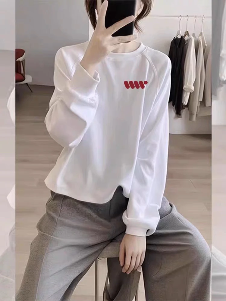 欧货棉长袖白色内搭印花T恤女韩系春秋新款宽松圆领棉上衣打底衫