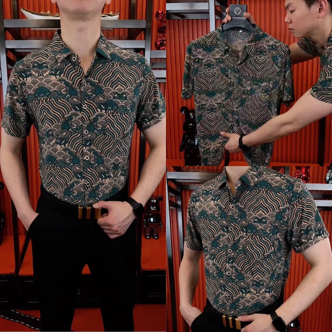 8082心春季新款男士四面弹力冰岛丝透气舒适休闲衬衫