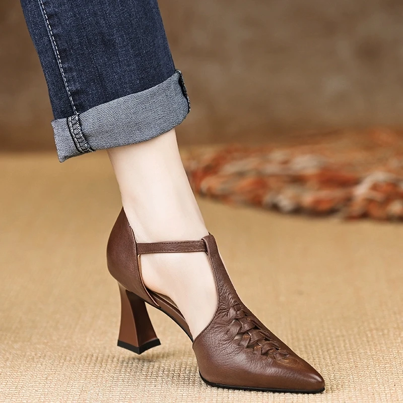 小个子手工女鞋7.4cm~尖头单鞋凉鞋牛筋底头层牛皮2025夏季棕色女