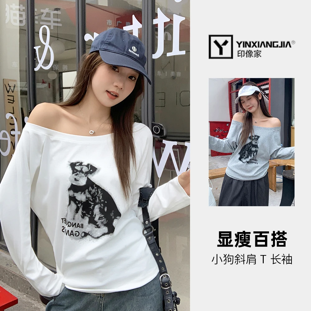 印像家美式辣妹雪纳瑞长袖斜肩T恤小狗印花ins宽松休闲百搭秋季