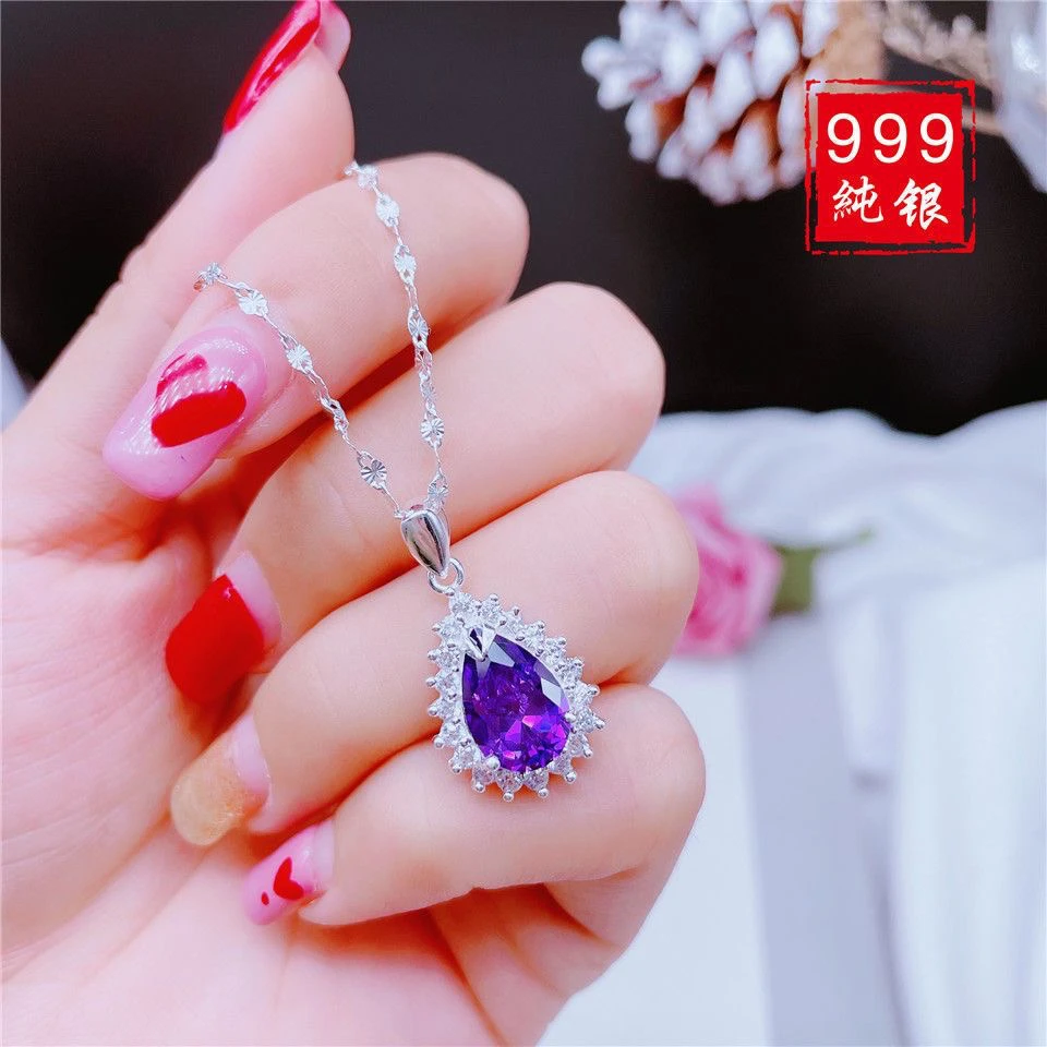 坠链均足银锆石 足银海洋之心水滴项链