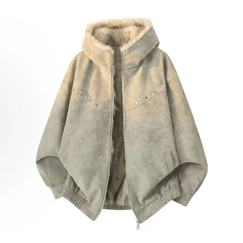 林社长2025冬装新款座山雕连帽加厚宽松全毛内胆情侣装美式棉服