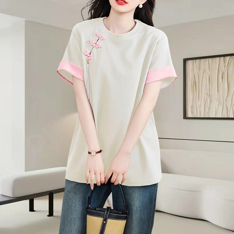 新中式国风t恤女士短袖2025夏季新款大码宽松遮肚子洋气盘扣上衣
