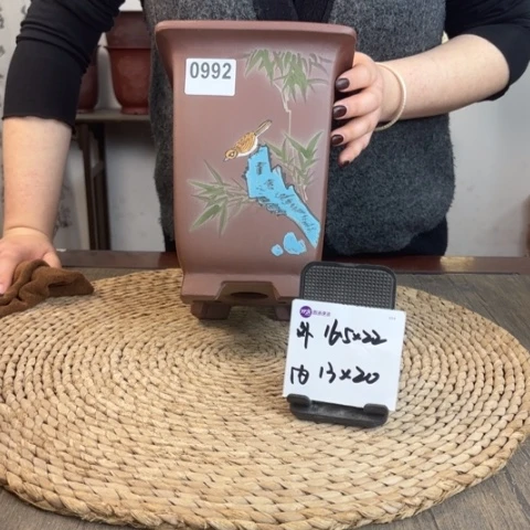 紫砂花盆新品福利微瑕手绘飘口高四方0992