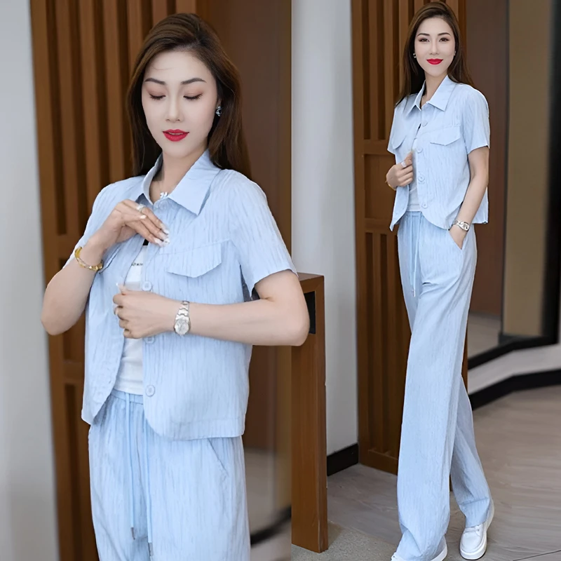 韩版运动服套装女2025年夏季新款polo领开衫上衣阔腿长裤两件套潮