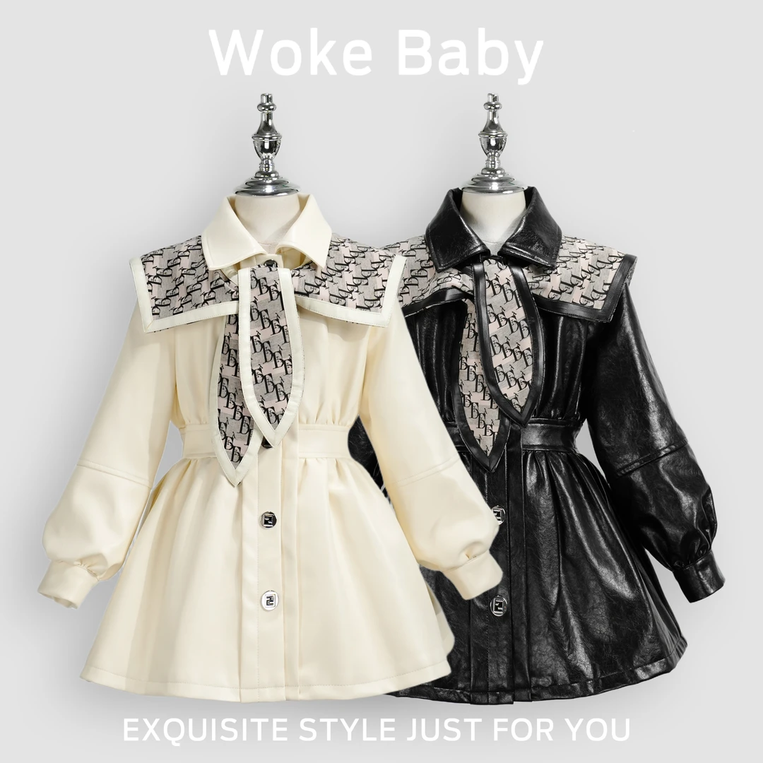 现货【垦丁古堡】女童秋季新款外套字母披肩潮牌收腰皮衣风衣A5974