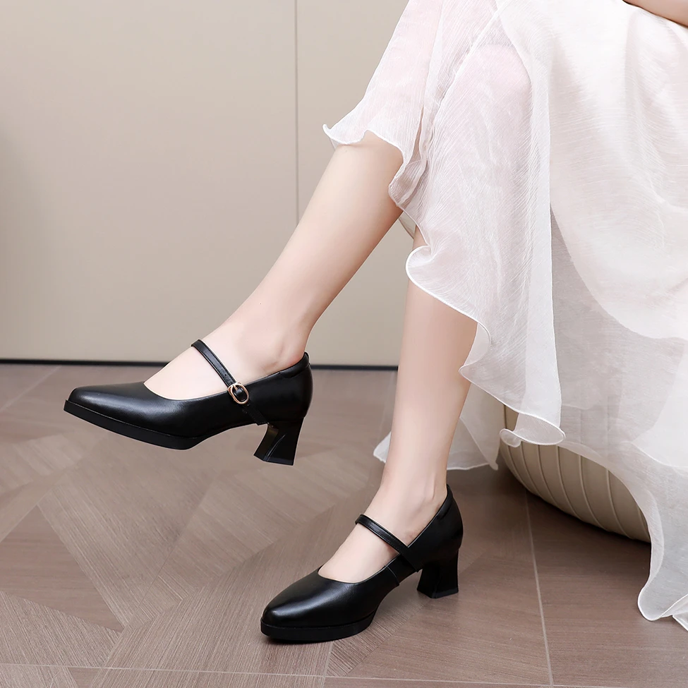 牛皮真皮旗袍走秀高跟鞋软底一字舒适新款鞋子妈妈皮鞋单鞋女鞋