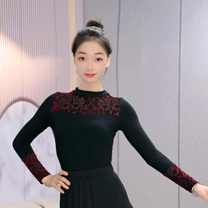 拉丁舞新款显瘦长袖摩登舞服半高领拼接织绒成人女装国标舞练功服