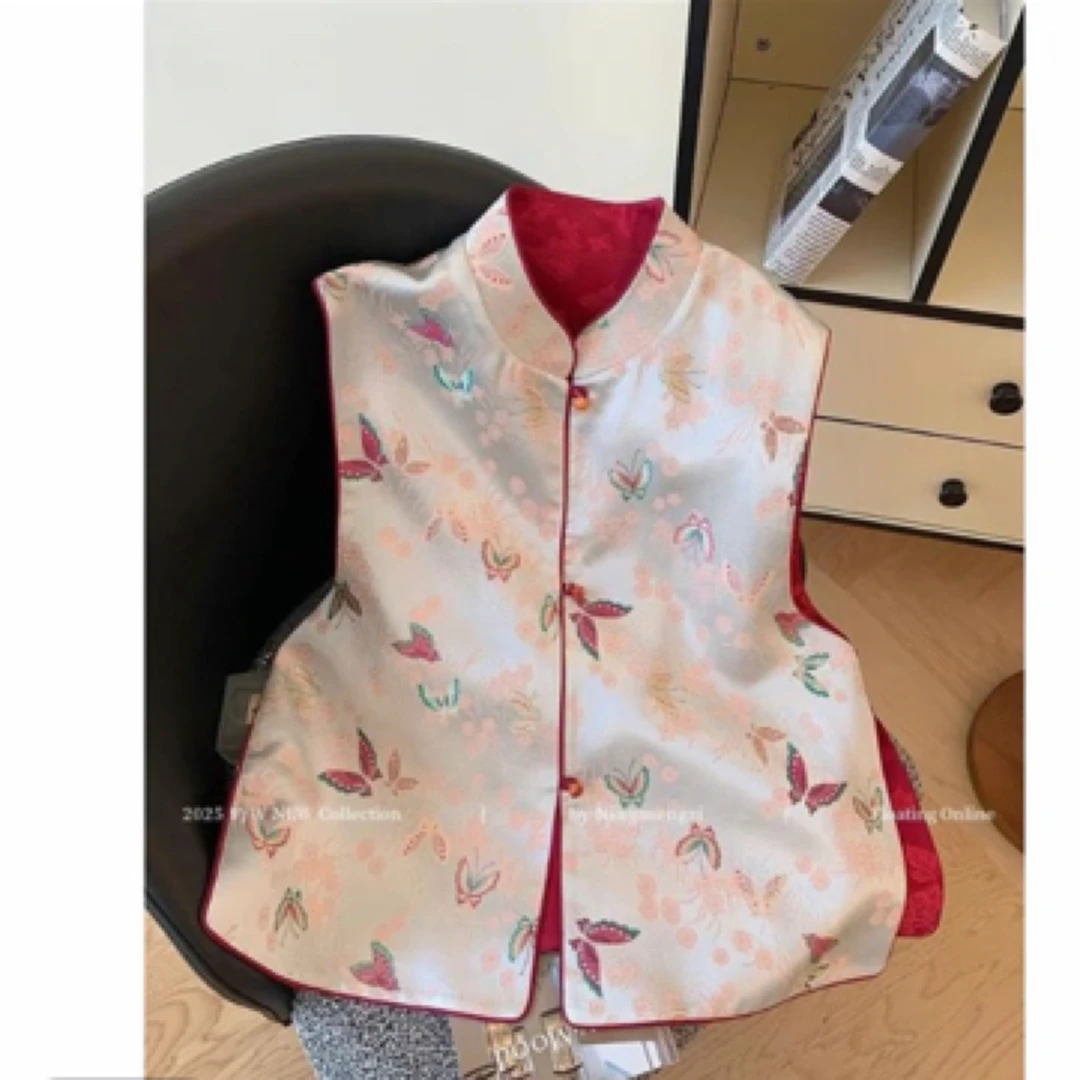 法式立领宽松型印花提花常规马夹上衣时尚艺术流浪风