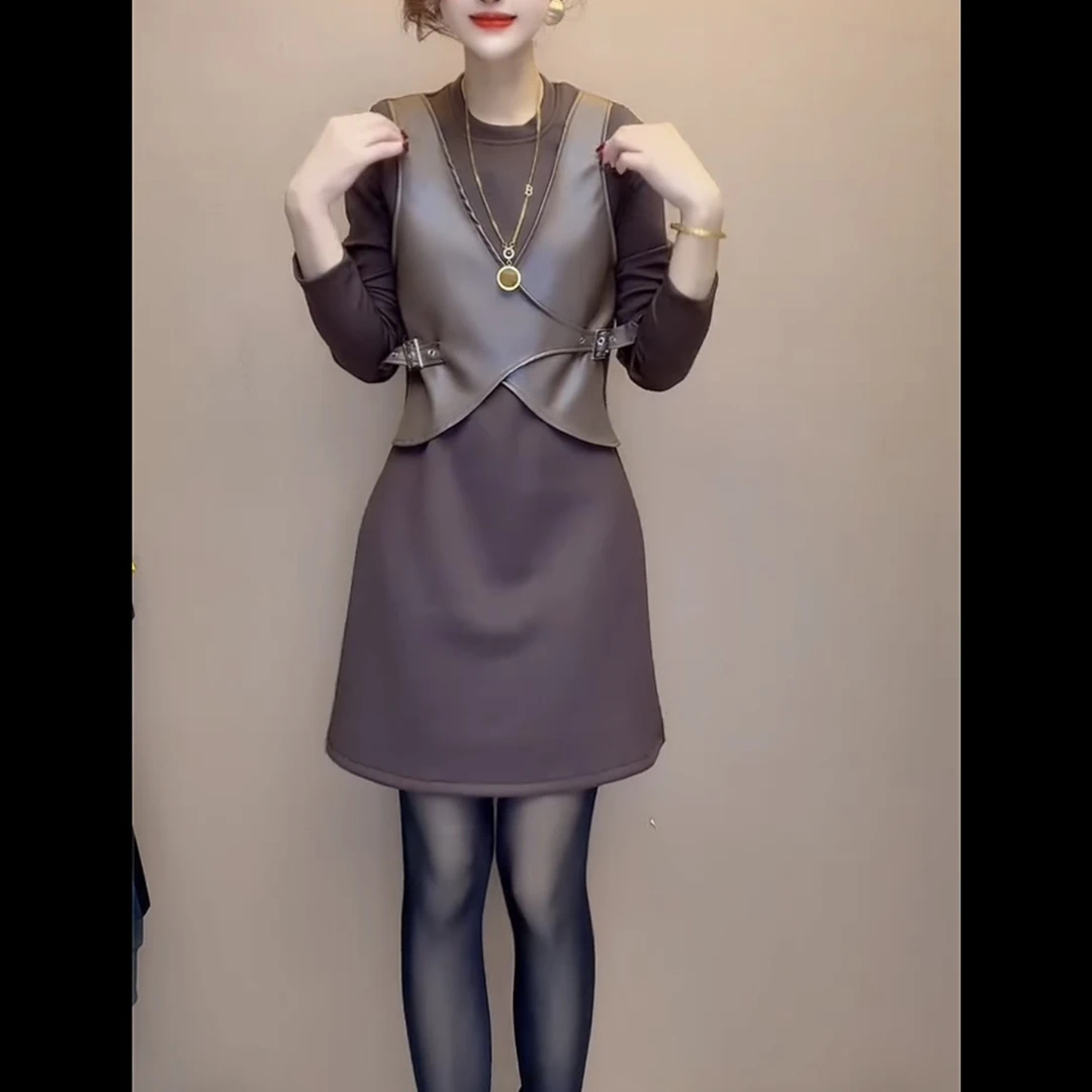 长袖拼接女通勤风T恤名媛气质显瘦收腰连衣裙