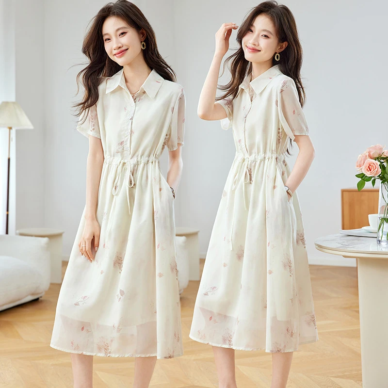 2025夏季雪纺印花拼接减龄透气翻领收腰系带短袖洋气连衣裙衬衫裙