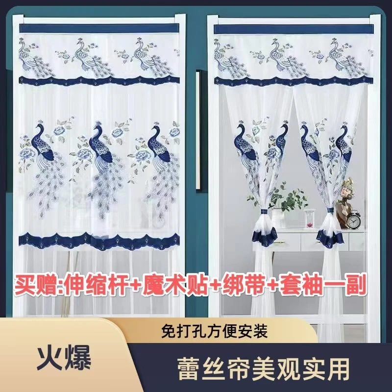 蕾丝门帘隔断帘家用免打孔卧室厨房双层不透纱帘防蚊挂帘夏季新款