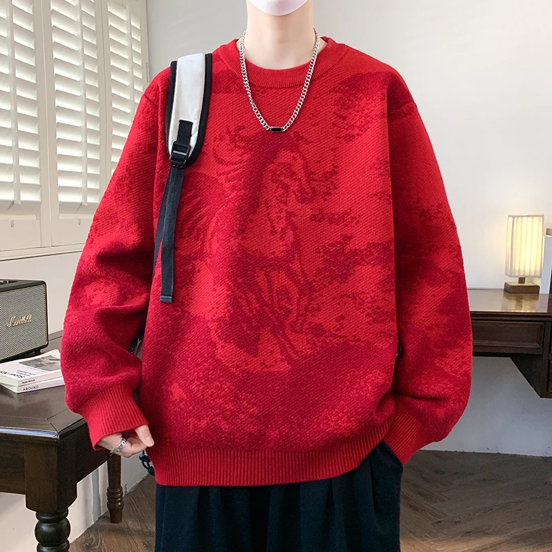 慵懒风红色毛衣男款冬季本命年大童针织衫男高中学生加厚保暖衣服