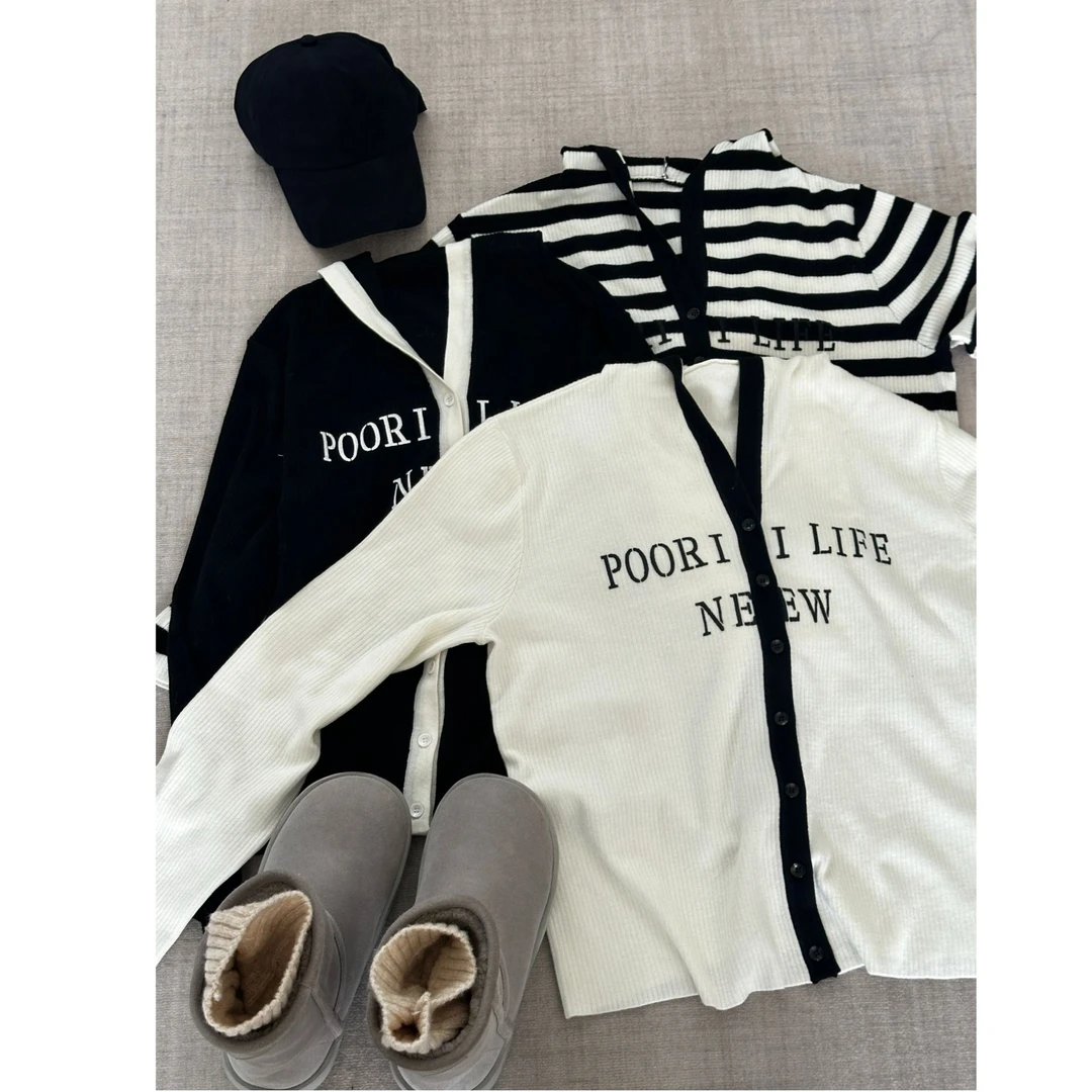 晶咕【条纹变奏】法式胸前字母连帽单排扣开衫针织上衣