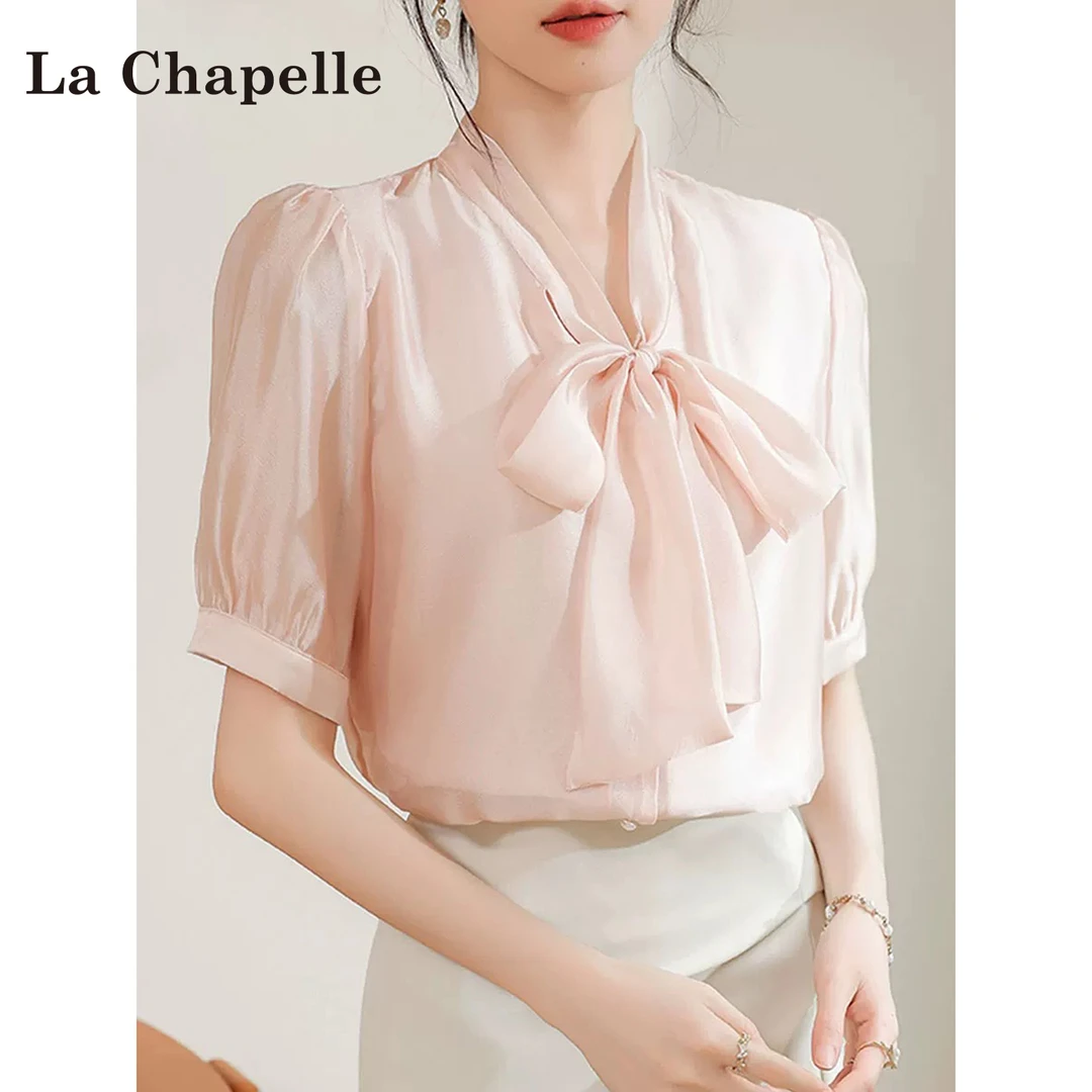 拉夏贝尔蝴蝶结飘带粉色短袖衬衫女夏季2025新款职业通勤气质上衣