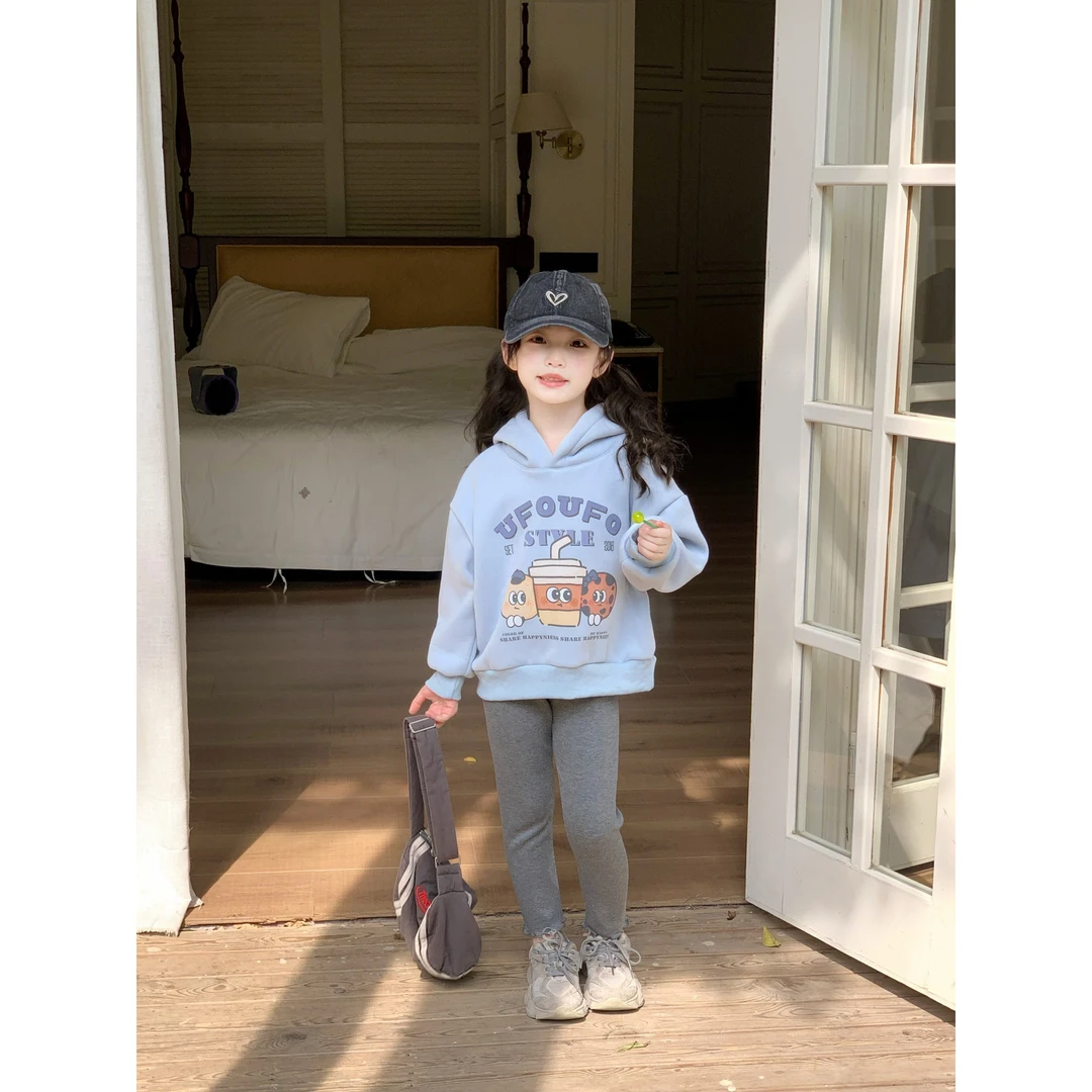 女童加绒加厚连帽卫衣2025冬季新款韩版儿童卡通印花套头衫上衣潮