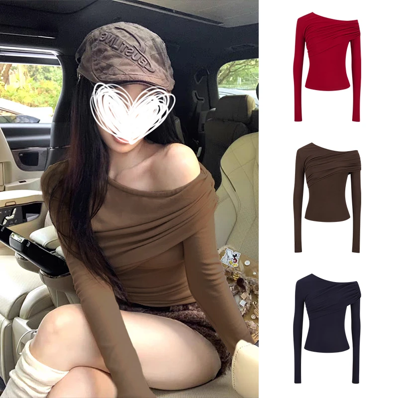 Moses Queen/魔西女王不规则斜肩长袖t恤女秋冬一字肩上衣高级感