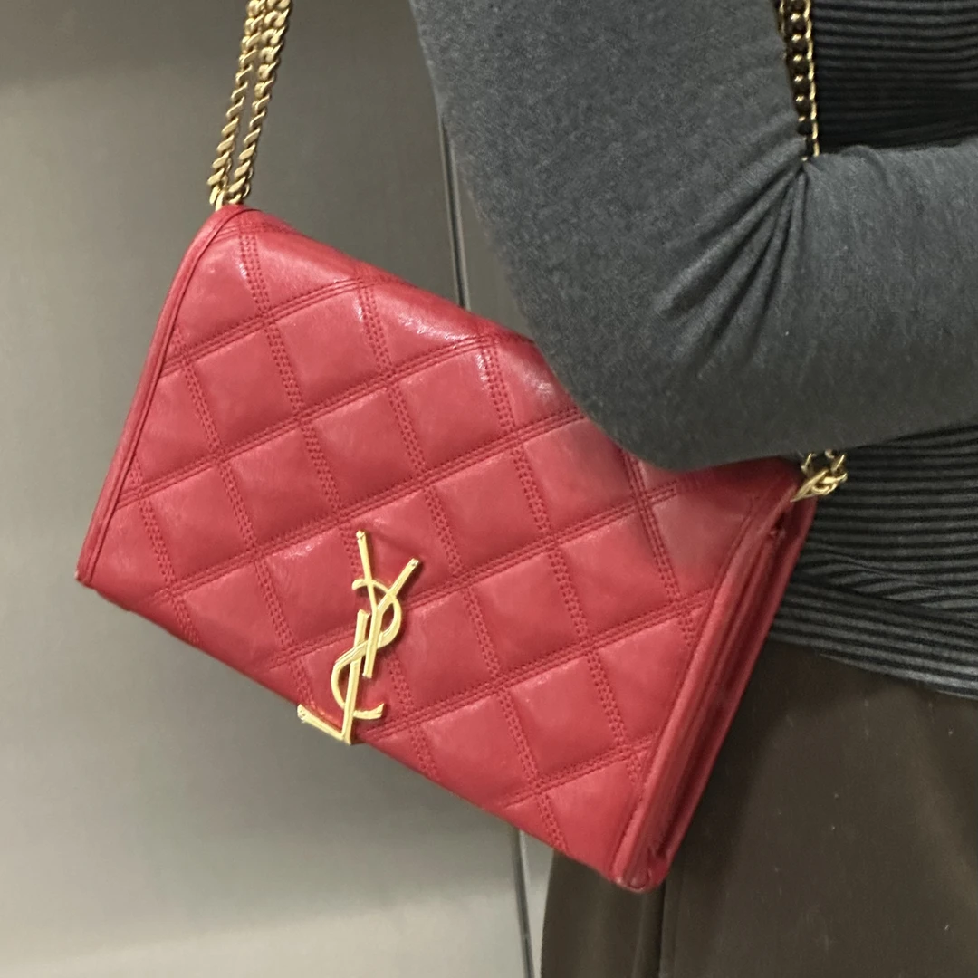 99新 YSL/圣罗兰 辣椒红经典菱格纹Becky红包