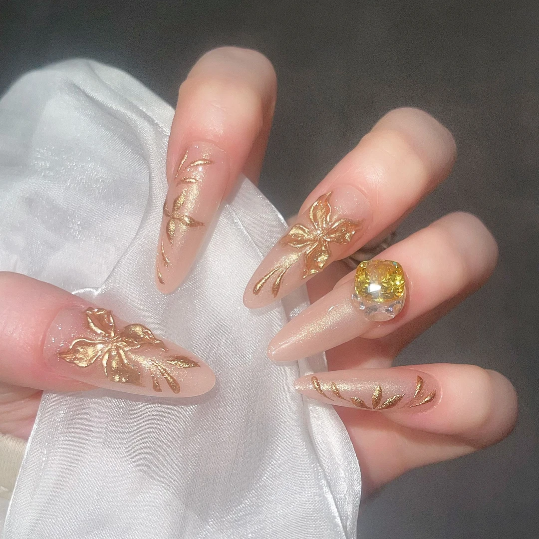 巴仑美【闭月富贵】黄金雕花穿戴甲 纯手工穿戴甲 5A锆石美甲