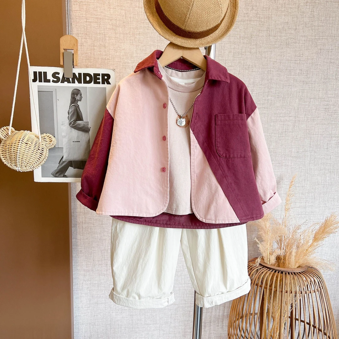 现货啵小爸【莫奈玫瑰】2025春秋季男童韩系休闲拼接设计衬衫套装