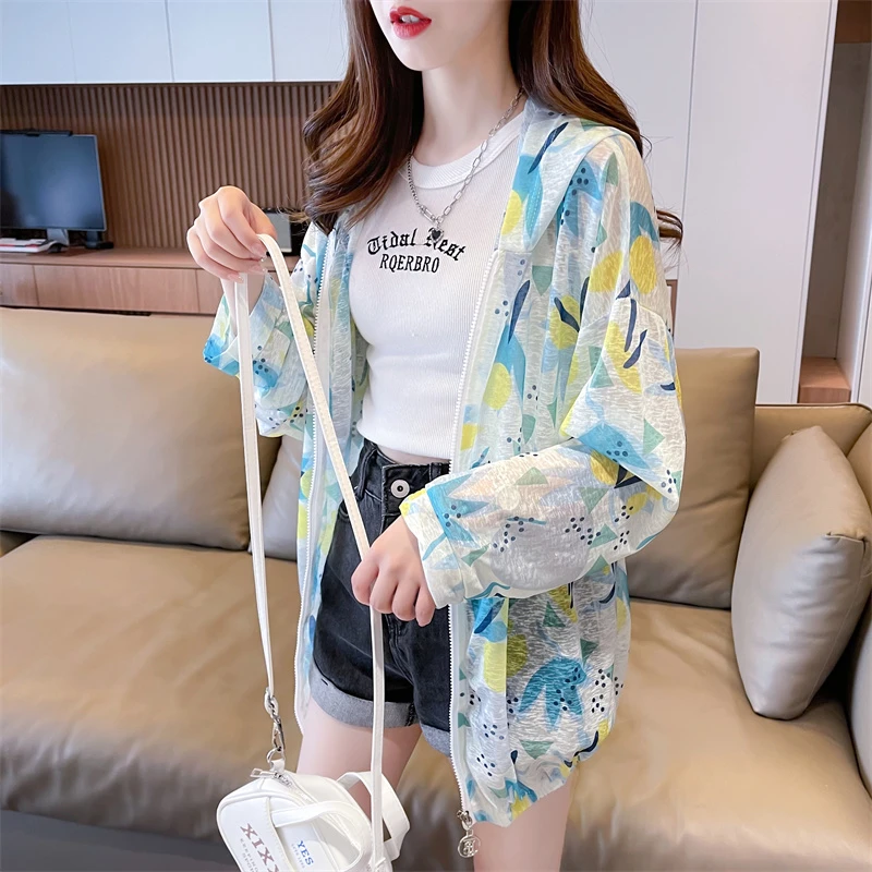 冰丝纳米丝薄款中长款宽松开衫拉链夏季防晒衣连帽外套女洋气韩版