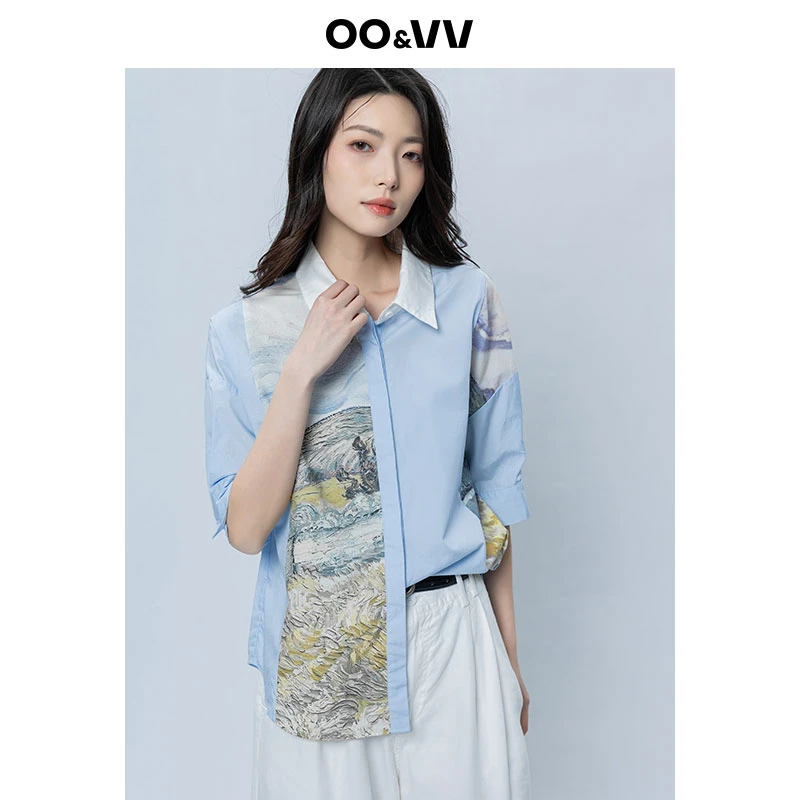 OO&VV个性山水印花衬衫女2025夏新款宽松显瘦百搭休闲短袖衬衣