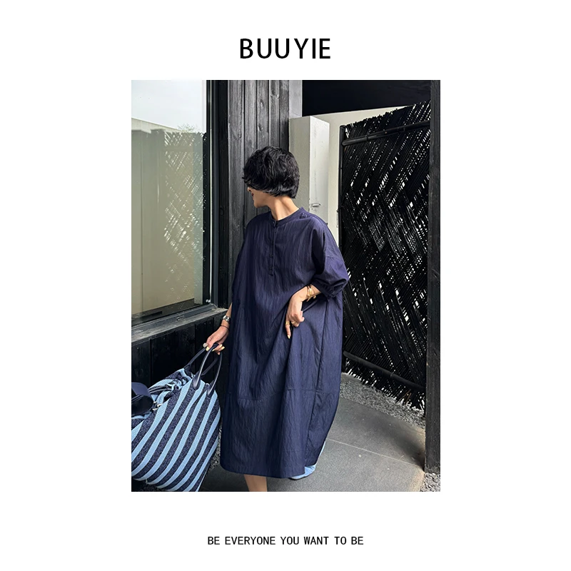BUUYIE 25SS【筏溪】文艺气质新款单排扣简约连衣裙 250446