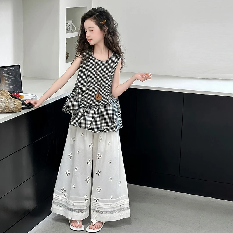 女童夏季格子无袖娃娃衫套装中大童洋气时髦夏装休闲阔腿裤两件套