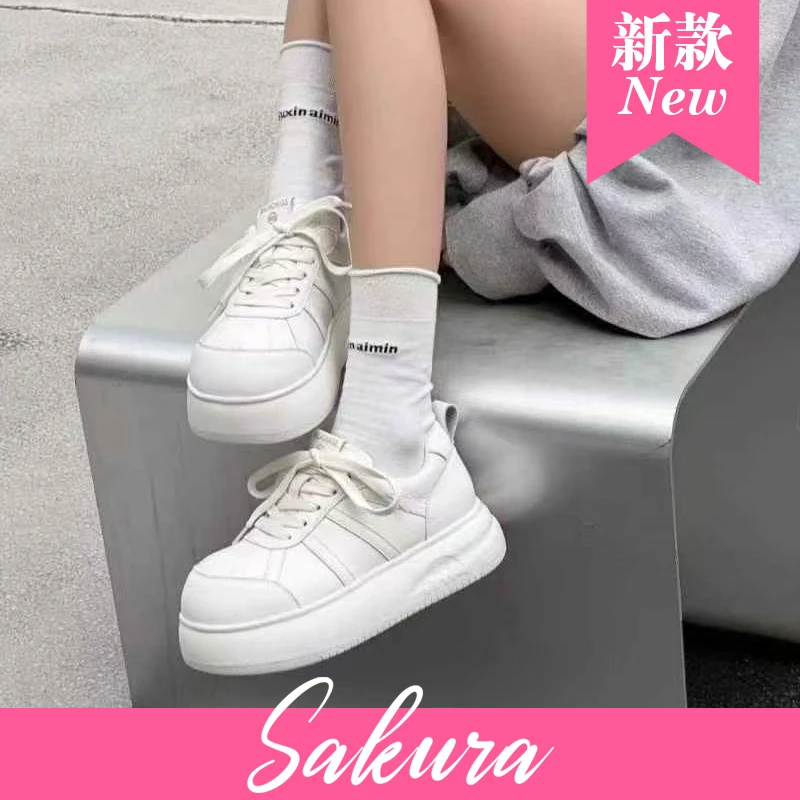 新款真牛皮超舒适系带韩版松糕百搭厚底圆头增高时尚百搭小白鞋