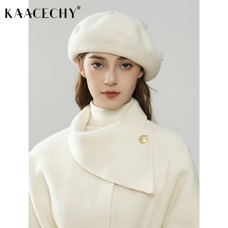 复古优雅文艺风帽子女2025新款洋气时尚精致水钻装饰羊毛贝雷帽