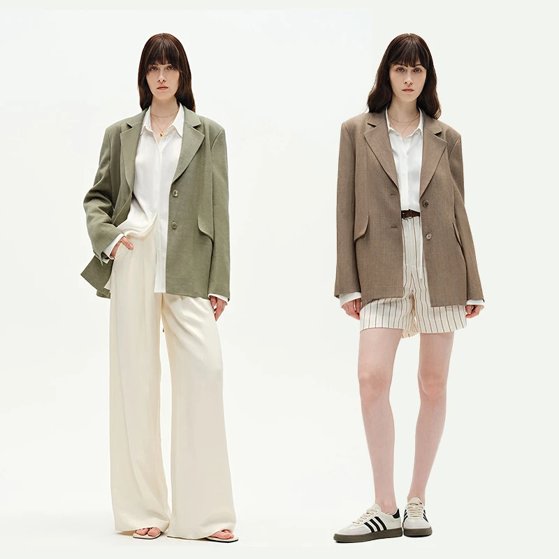 Fabrique Graf 春夏新款鼠尾草绿亚麻轻便系带单排扣休闲西装外套