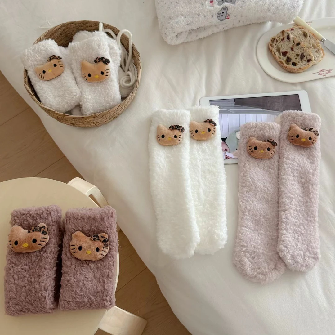 双面拉绒可爱卡通珊瑚绒中筒袜女秋冬加厚保暖居家睡眠袜亲子袜
