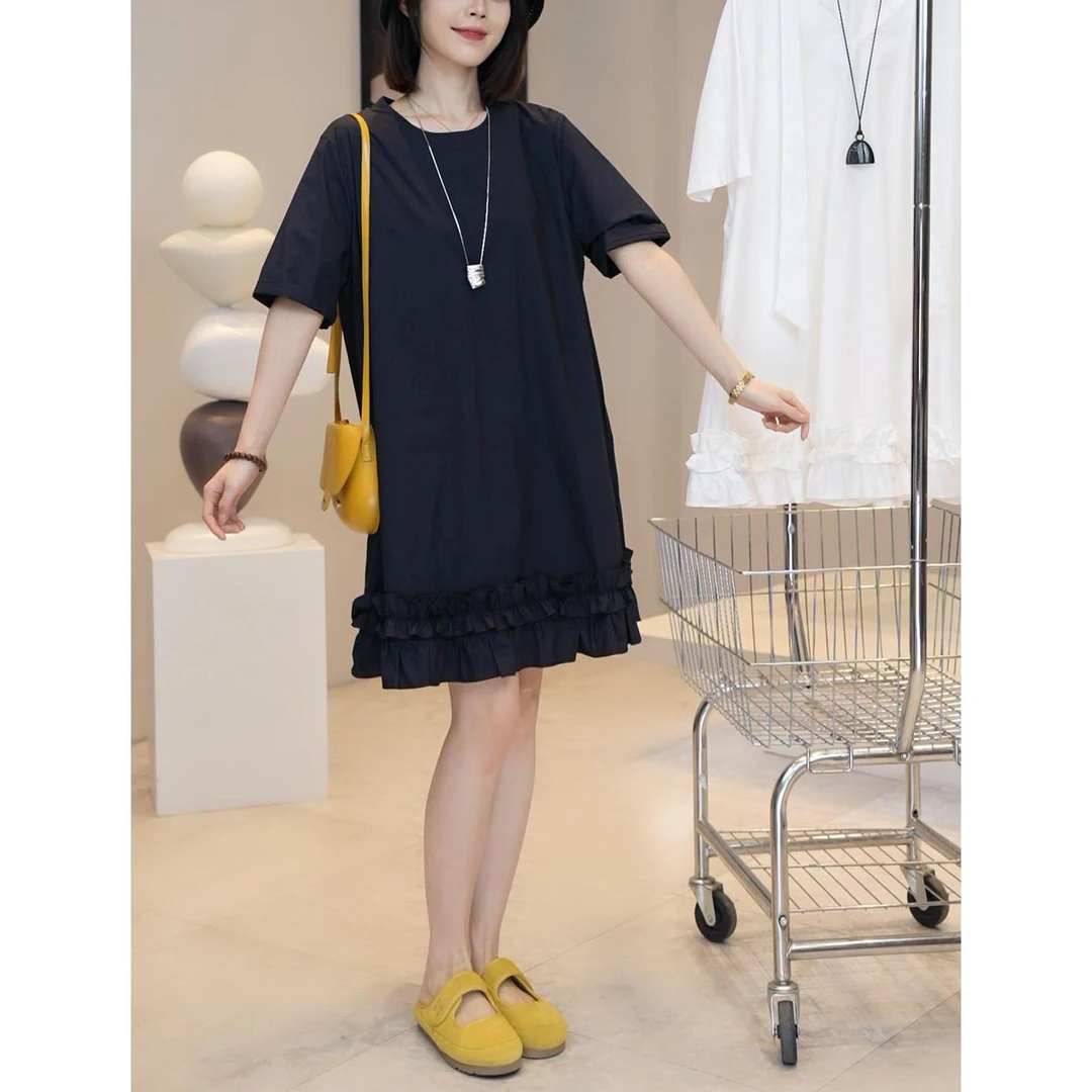 韩版大码宽松中长款显瘦连衣裙2025夏季新款短袖外穿气质圆领长裙