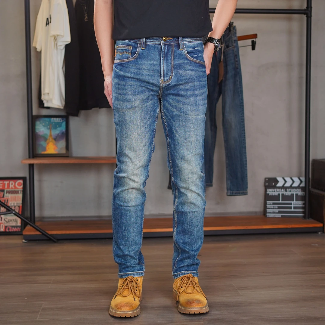 DH81061秋冬中性复古蓝颜色男士牛仔裤修身牛仔裤弹力修身小直筒