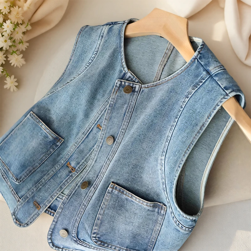 2025年新款港风小个子复古时尚牛仔马甲女春秋季休闲无袖坎肩外搭