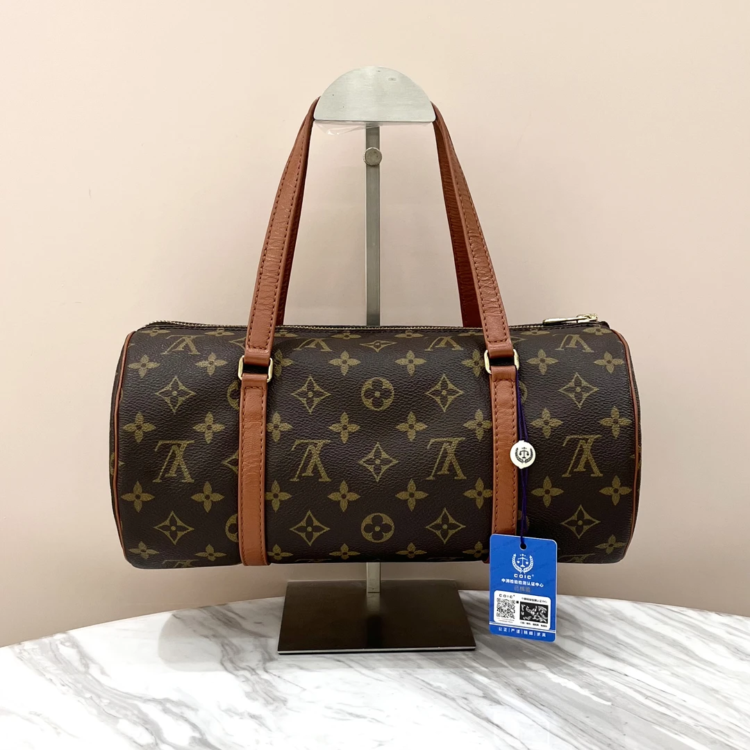 95新 LouisVuitton/路易威登 老花中古红皮30圆筒包  尺寸约30*15
