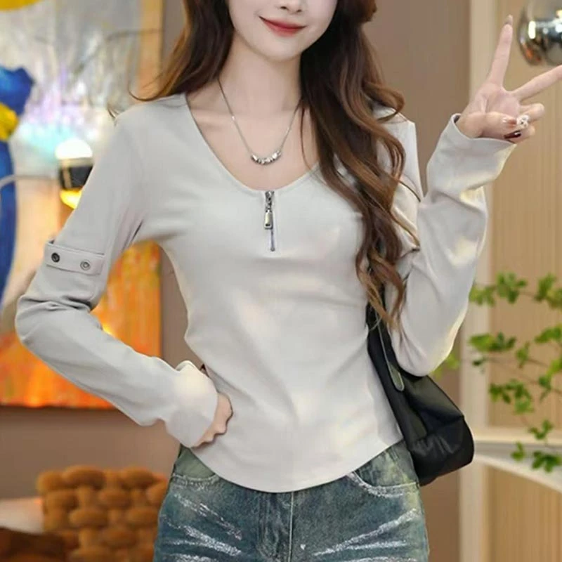 2025春季新款v领时尚百搭长袖T恤女气质显瘦高级感洋气打底衫上衣