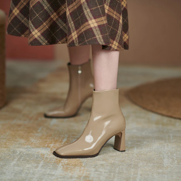 2025秋冬新款方头高跟短靴粗跟真皮气质时尚百搭法式瘦瘦靴