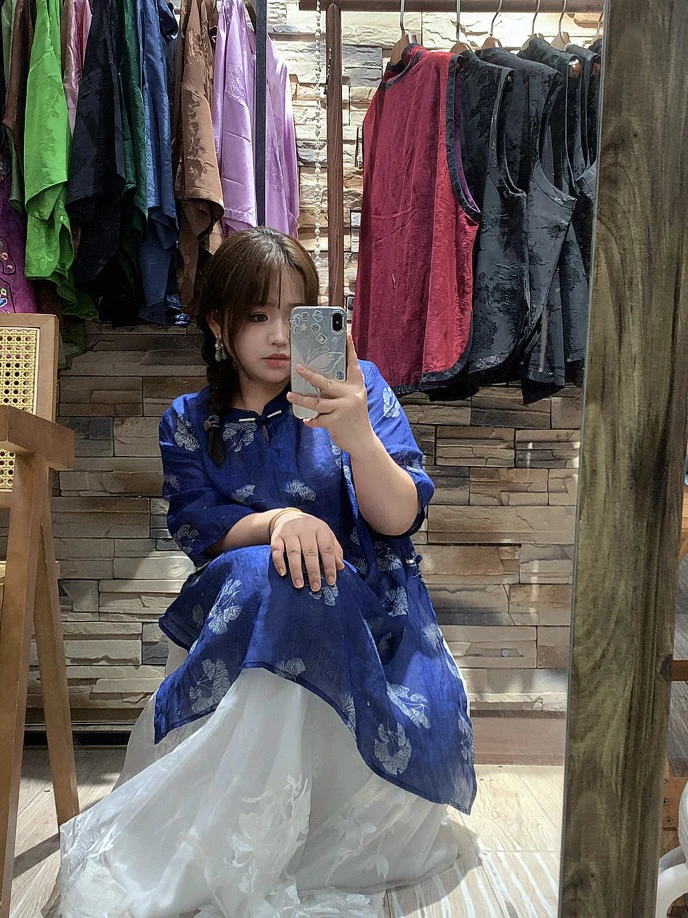 印花夏季不褪色民族风连衣裙中国风中式蓝色女装复古