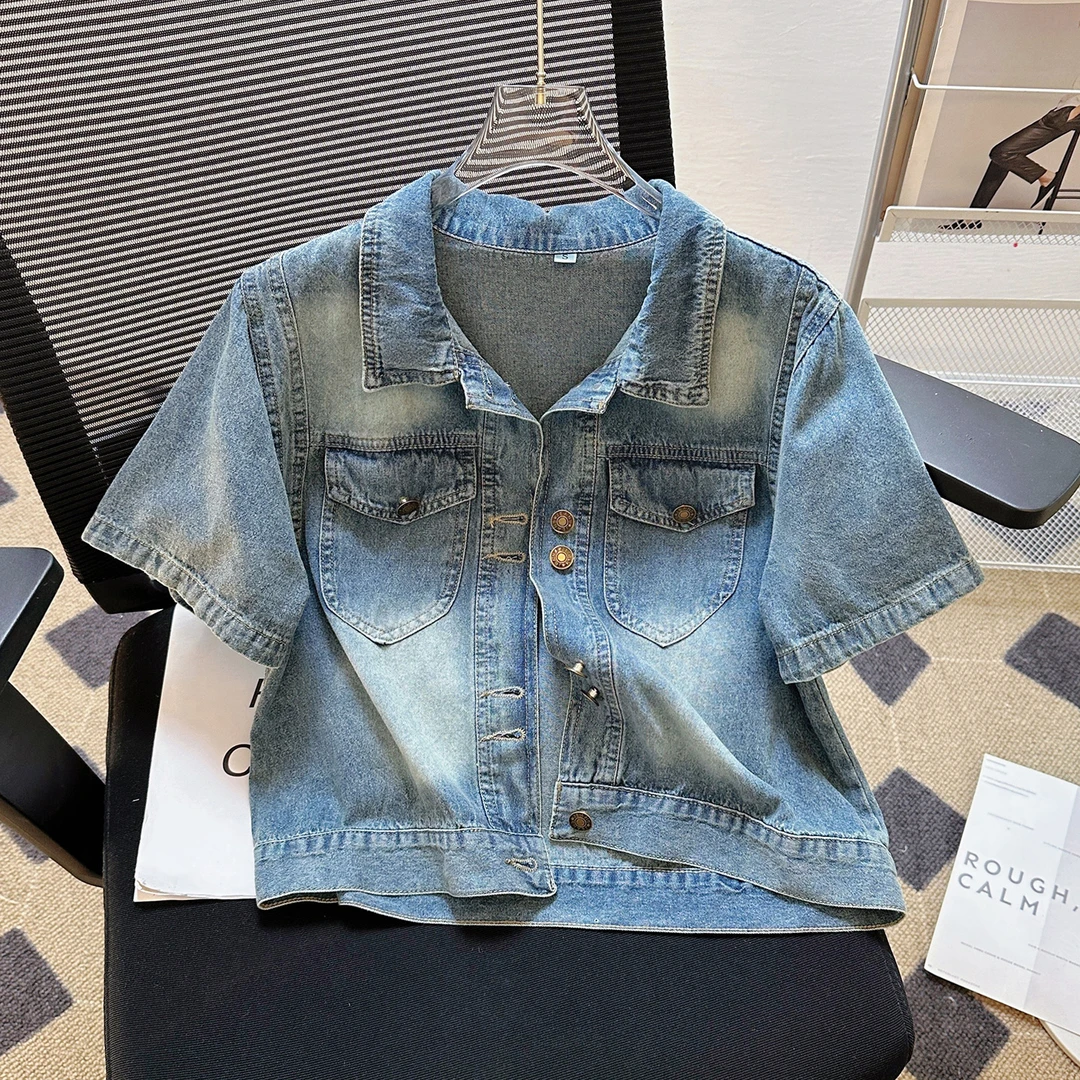 纯色短袖休闲复古牛仔外套女短款上衣洋气衬衫设计感夏季薄款洗水