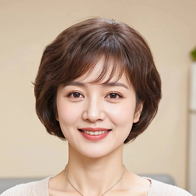 假发女全头套女士自然真人发丝短卷发蓬松中老年妈妈款递针假头套