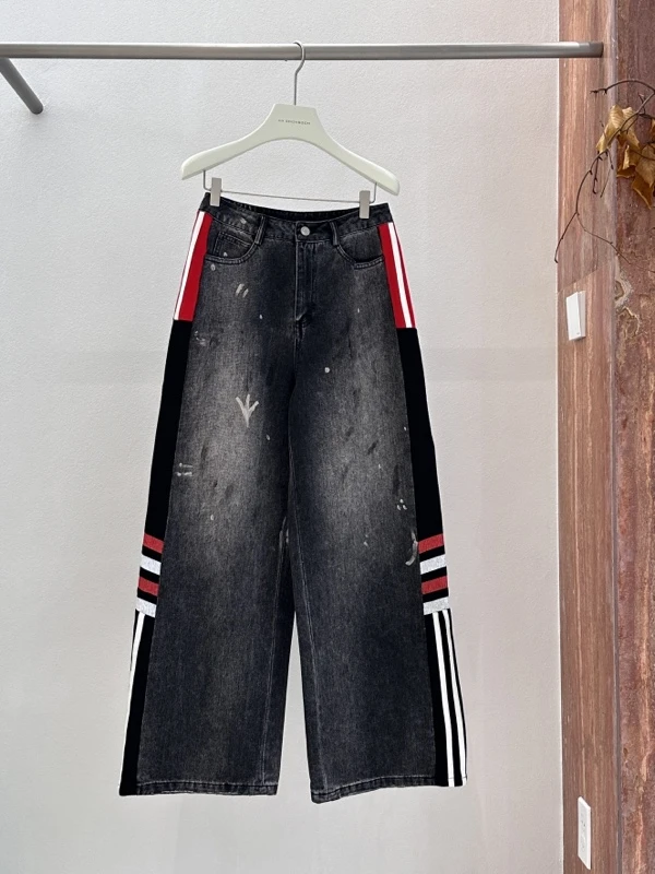 南油高品#kimss家美式撞色拼条纹牛仔裤