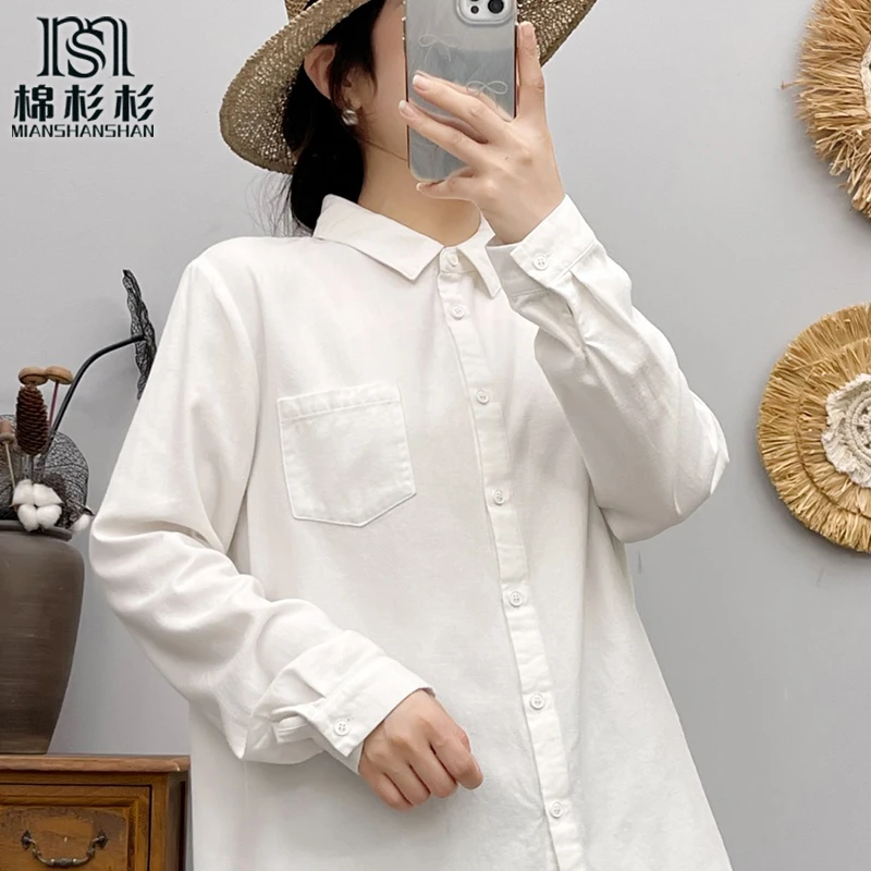 秋冬厚款磨毛软糯 长袖衬衫女 气质尖领纯棉翻领纯色口袋白搭衬衣