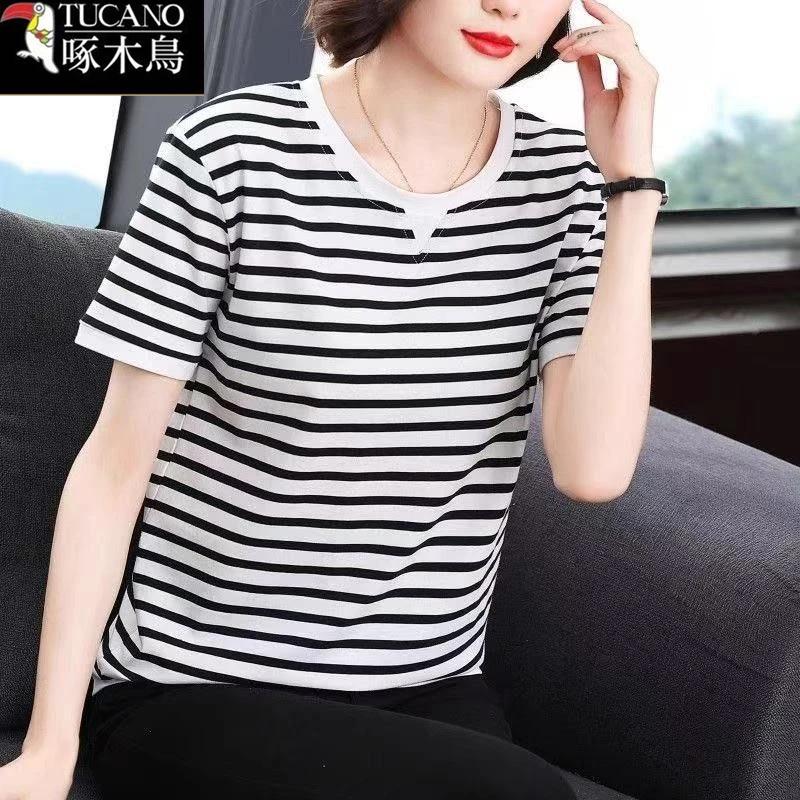 啄木鸟条纹圆领短袖拼色T恤打底衫2025新款大码百搭女士减龄上衣