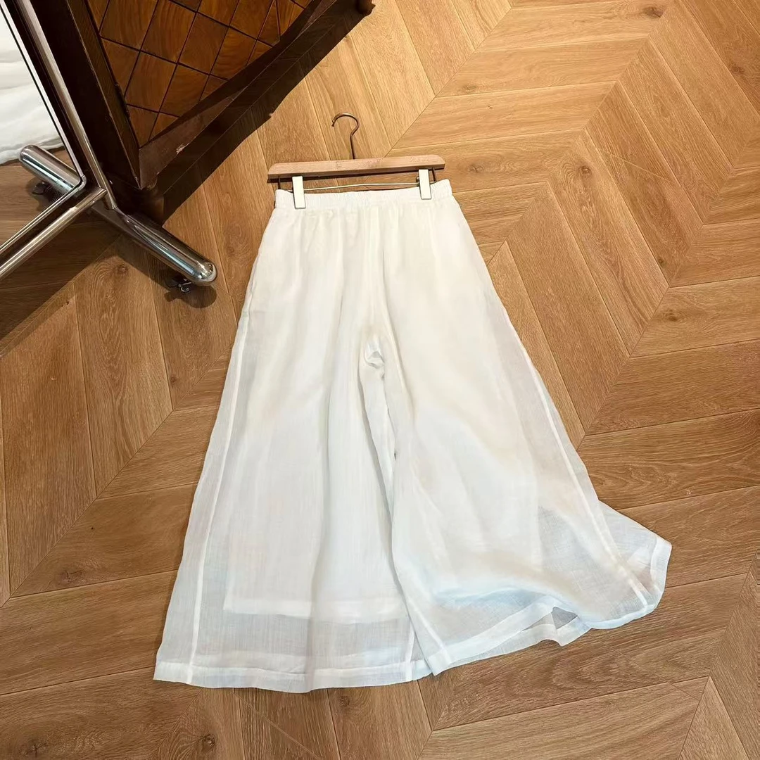 亦雯【沐雪】2024夏季新款文艺复古纯色松紧腰系带双层苎麻阔腿裤