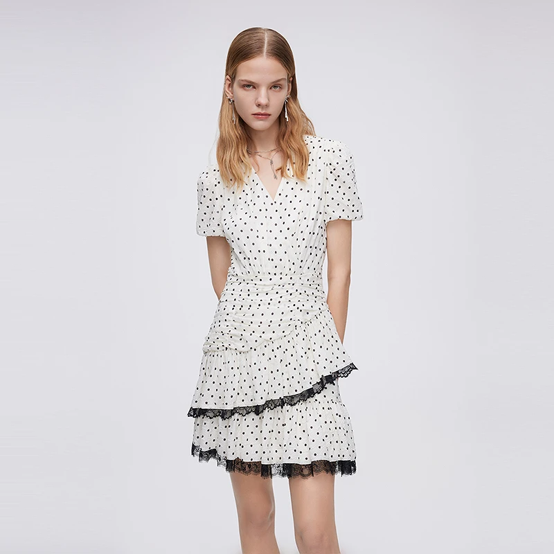 法式精致蕾丝不规则裙摆波点连衣裙242U223下架